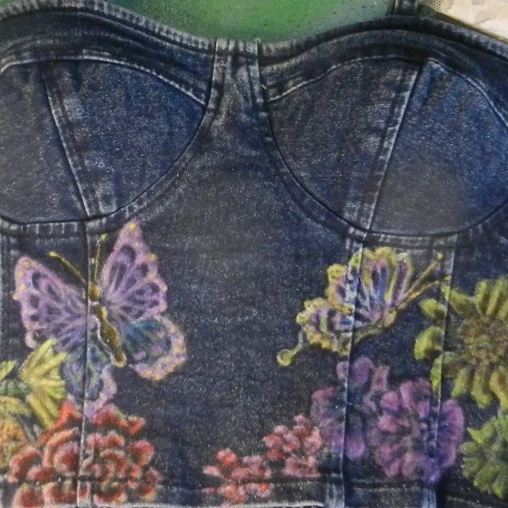 HAND CRAFTED floral denim bustier OOAK custom hand painted jean camisole top - Picture 16 of 16